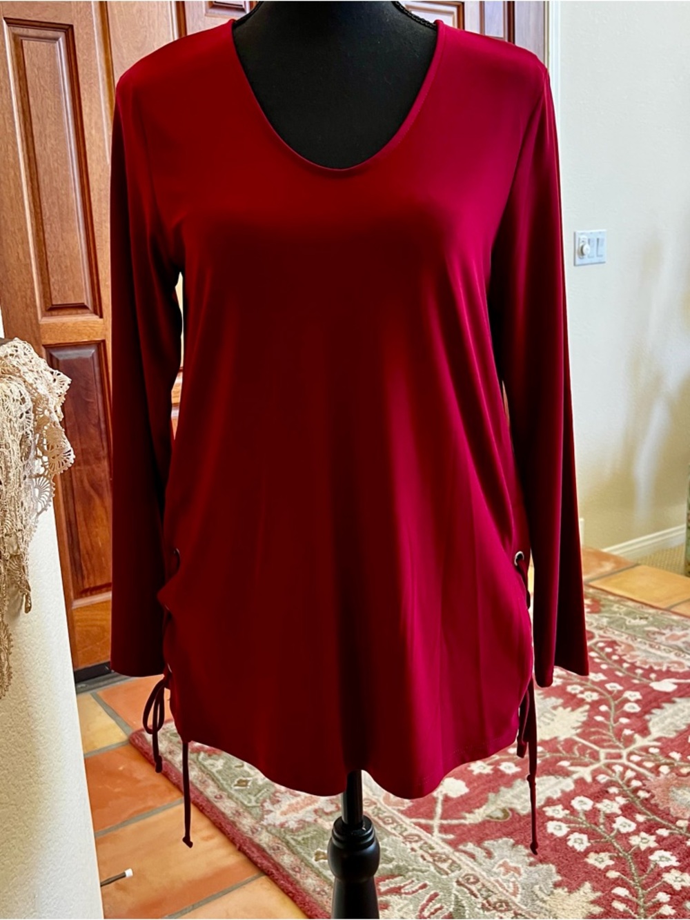 Last Tango Red V Neck Polyester Spandex Tunic Top With Tie Up Sides Size XS